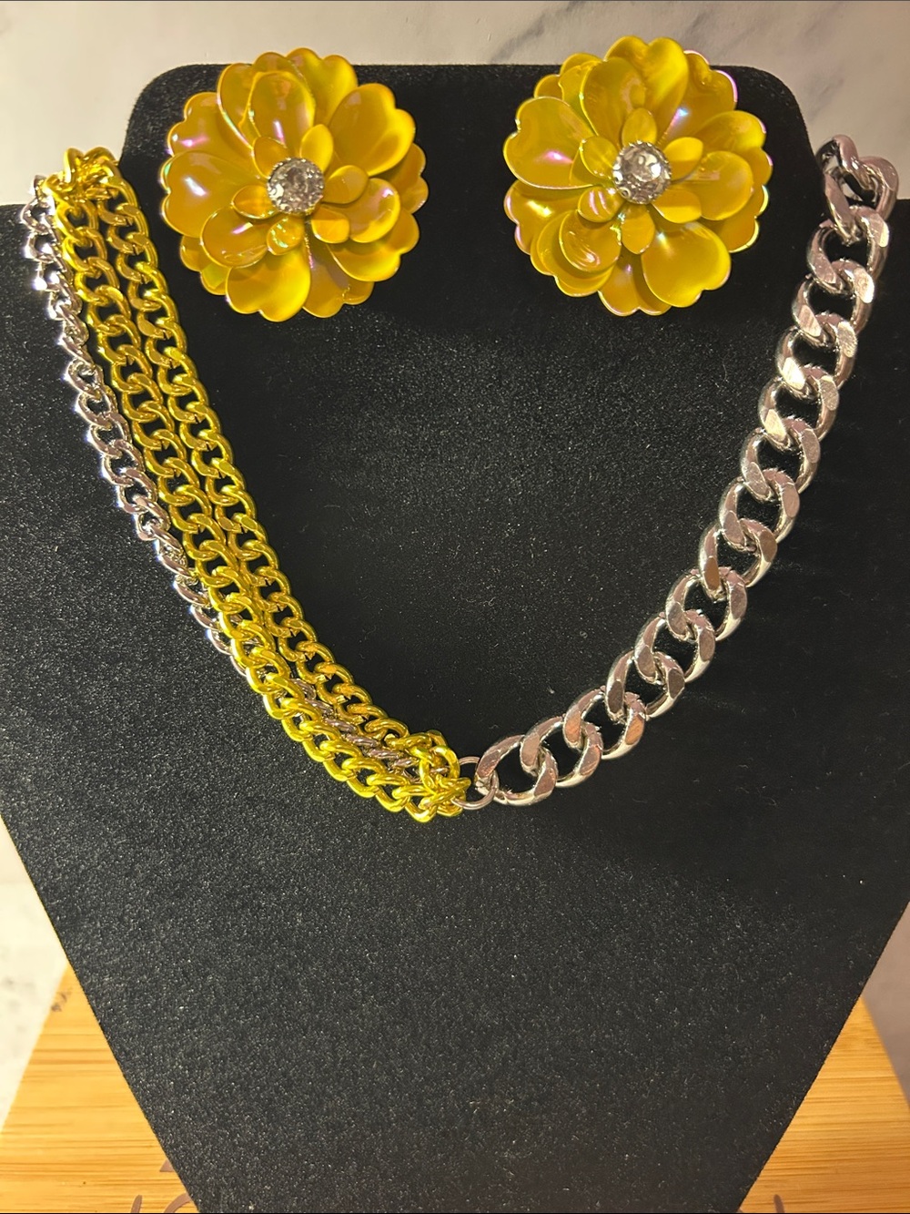 Paparazzi Yellow Flower Earrings with Two-Tone Gold & Silver Chain Necklace